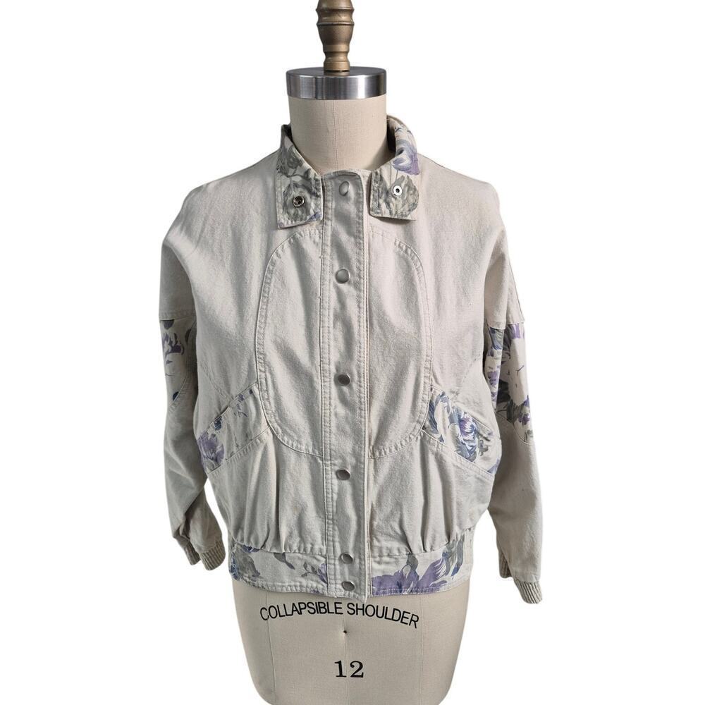 VTG 80s 70s Y2K City Limits Denim Jacket Beige w/Contrasting Floral Accents M